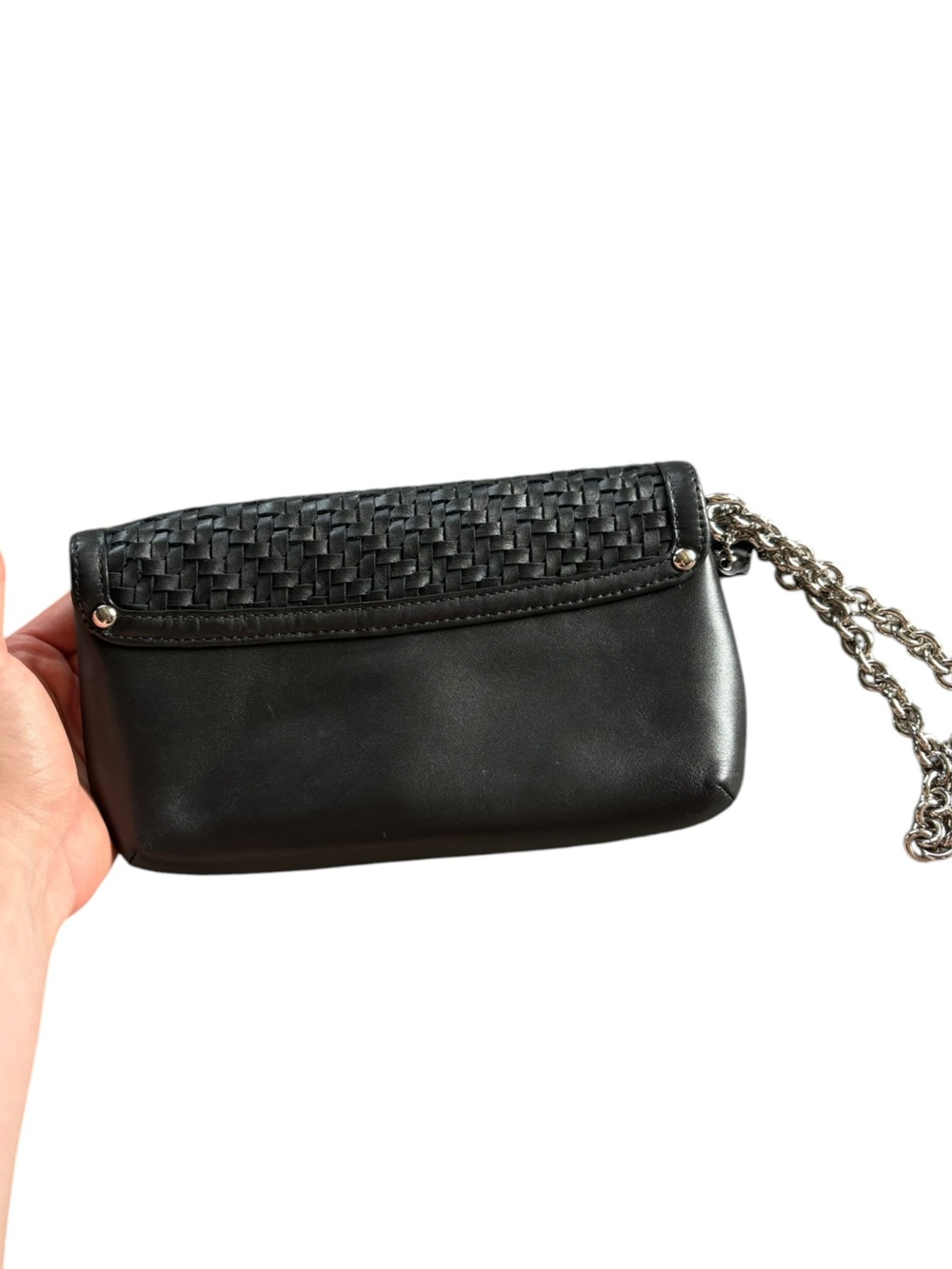 Coach Black Woven Leather Wristlet Clutch Wallet Chain Strap - Picture 2 of 10